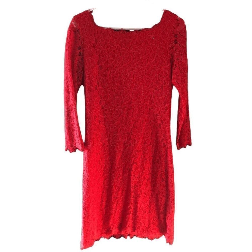 Diane Von Furstenberg Womens Zarita Dress 10 Red Lace Sheath 3/4 Sleeve Holiday